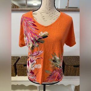 Chico's Vibrant Orange ladies shirt with Tropical Print